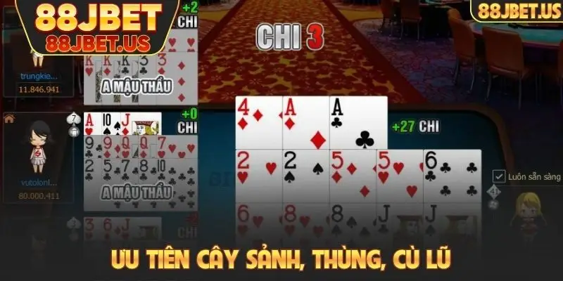 Mậu Binh 88JBET - Trò Chơi Đánh Bài Vốn Thấp, Dễ Thắng 4 Ưu tiên cây sảnh, thùng, cù lũ